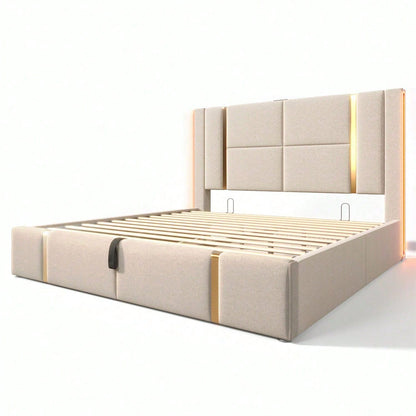 Polsterbett Doppelbett USB Type C Ladefunktion APP-Control LED 160*200 Stauraumbetten Bettgestell, Lattenrost aus Holz,Beige Leinenmaterial