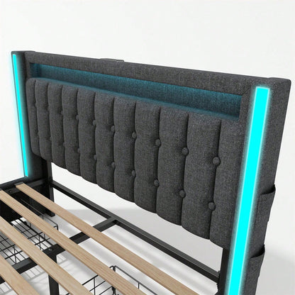 Polsterbett USB Typ C Ladefunktion LED-Beleuchtung und 4 Schubladen, Jugendbetten 160x200cm Doppelbett Stauraumbetten Bettgestell, Lattenrost aus Holz, Grau