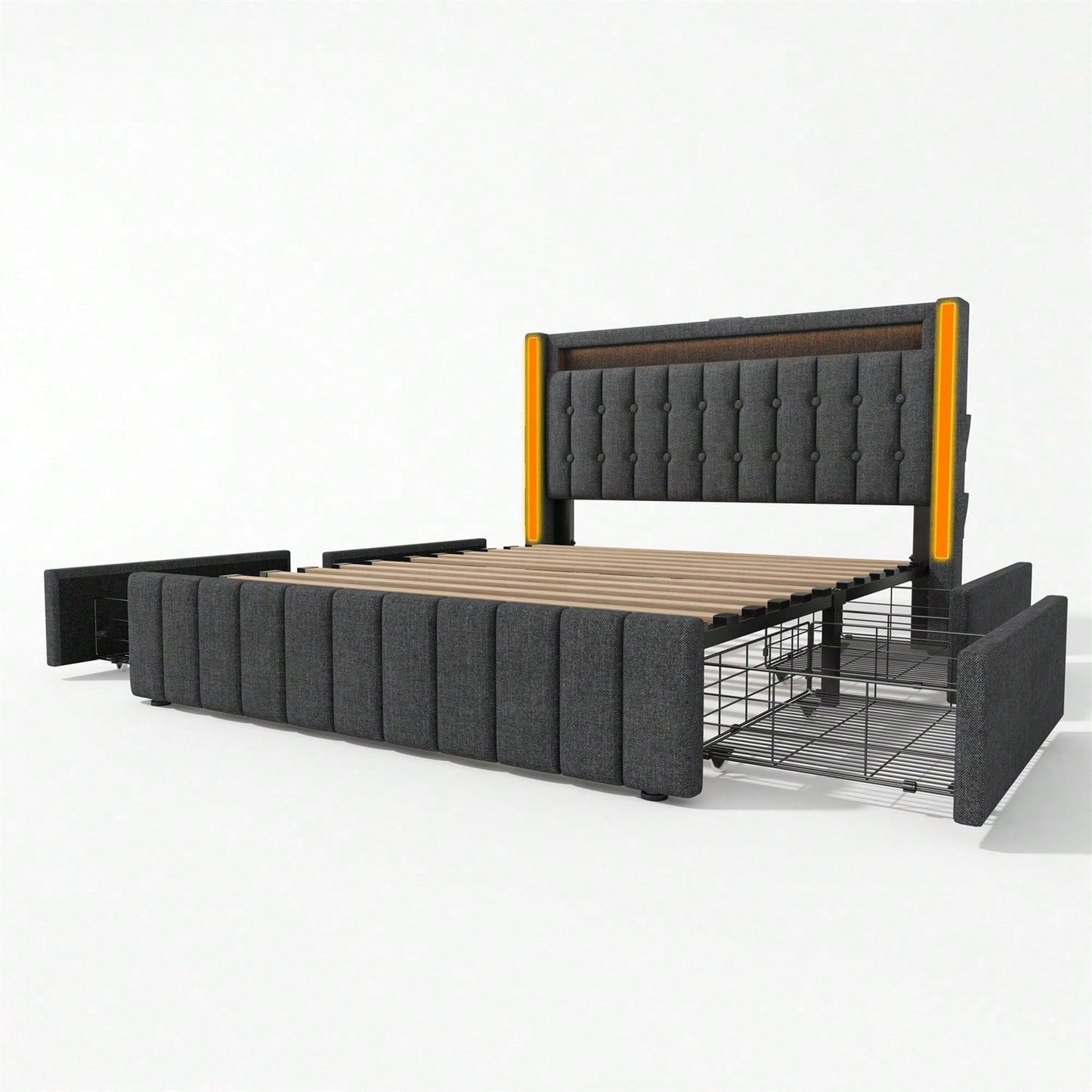 Polsterbett USB Typ C Ladefunktion LED-Beleuchtung und 4 Schubladen, Jugendbetten 160x200cm Doppelbett Stauraumbetten Bettgestell, Lattenrost aus Holz, Grau