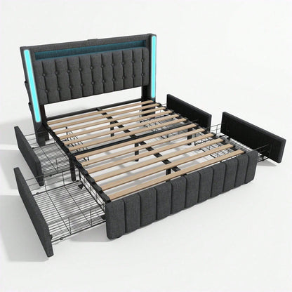Polsterbett USB Typ C Ladefunktion LED-Beleuchtung und 4 Schubladen, Jugendbetten 160x200cm Doppelbett Stauraumbetten Bettgestell, Lattenrost aus Holz, Grau