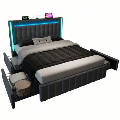 Polsterbett USB Typ C Ladefunktion LED-Beleuchtung und 4 Schubladen, Jugendbetten 160x200cm Doppelbett Stauraumbetten Bettgestell, Lattenrost aus Holz, Grau