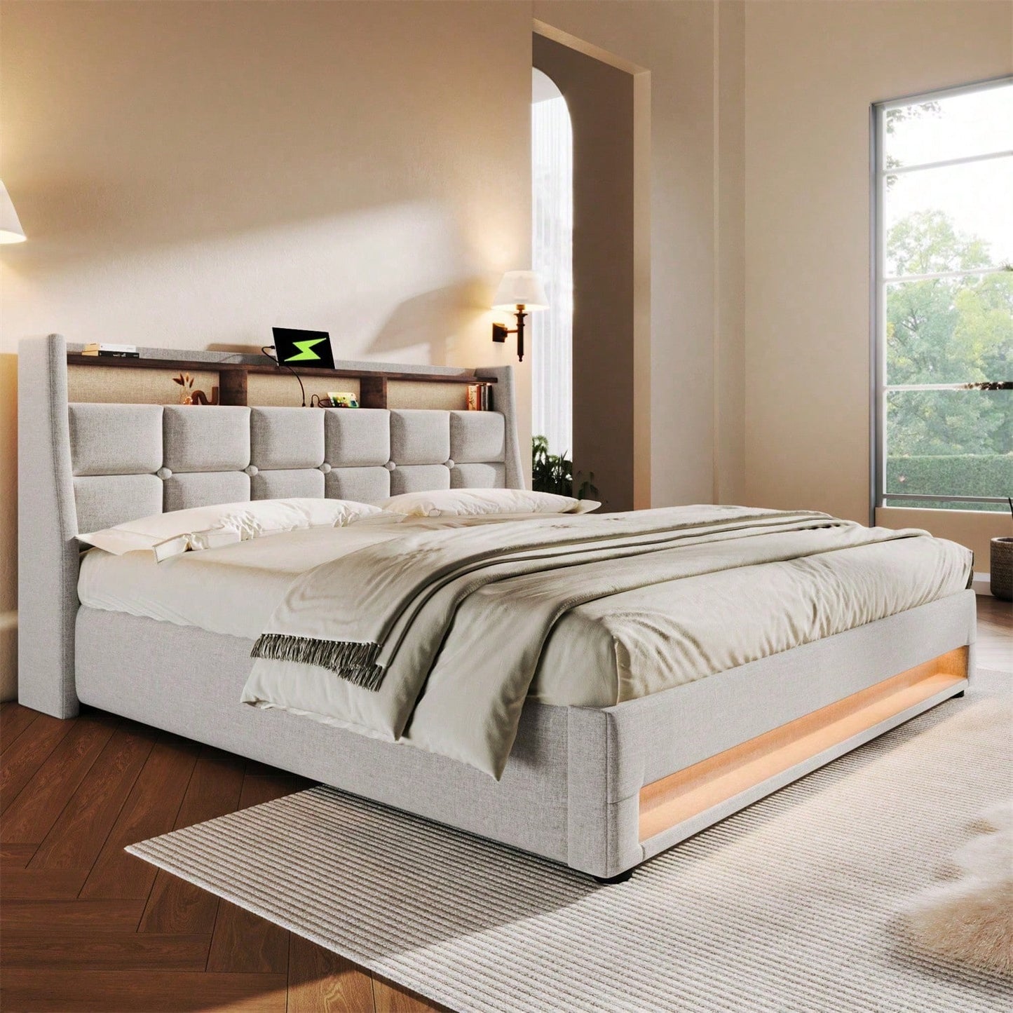 Polsterbett mit USB 160x200cm,LED Doppelbett mit Lattenrost aus Metallrahmen,Bettgestell aus Leinenmaterial Jugendbett