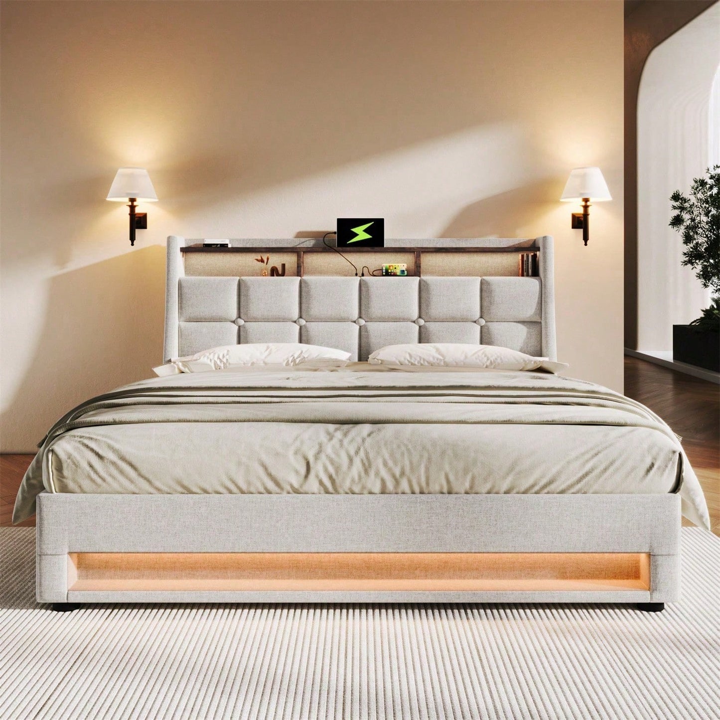 Polsterbett mit USB 160x200cm,LED Doppelbett mit Lattenrost aus Metallrahmen,Bettgestell aus Leinenmaterial Jugendbett