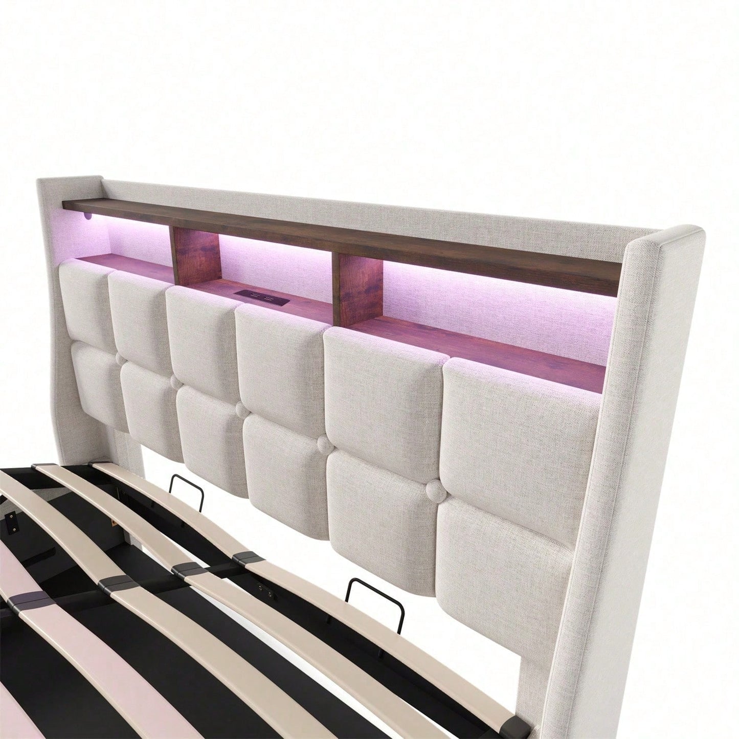 Polsterbett mit USB 160x200cm,LED Doppelbett mit Lattenrost aus Metallrahmen,Bettgestell aus Leinenmaterial Jugendbett