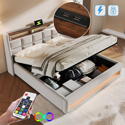 Polsterbett mit USB 160x200cm,LED Doppelbett mit Lattenrost aus Metallrahmen,Bettgestell aus Leinenmaterial Jugendbett