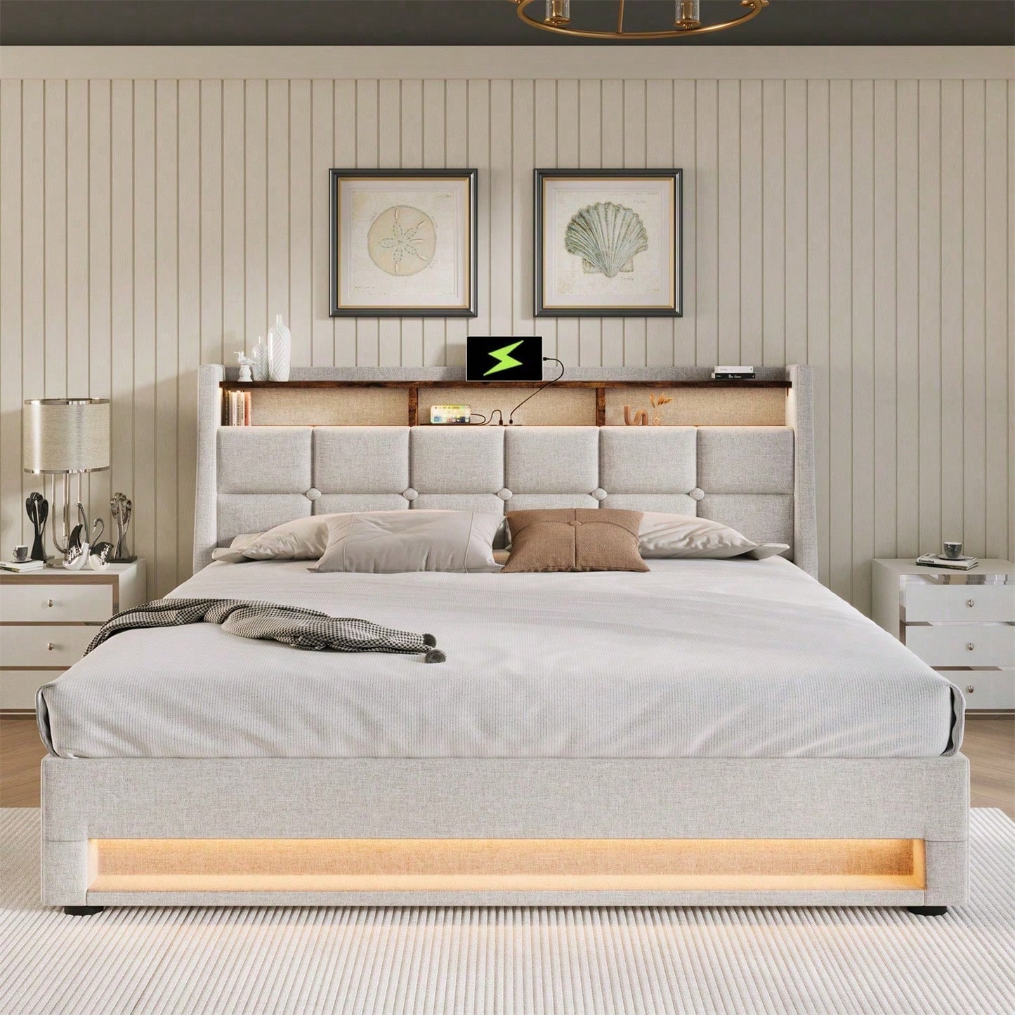 Polsterbett mit USB 160x200cm,LED Doppelbett mit Lattenrost aus Metallrahmen,Bettgestell aus Leinenmaterial Jugendbett