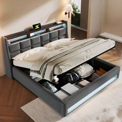 Polsterbett mit USB 160x200cm,LED Doppelbett mit Lattenrost aus Metallrahmen,Bettgestell aus Leinenmaterial Jugendbett