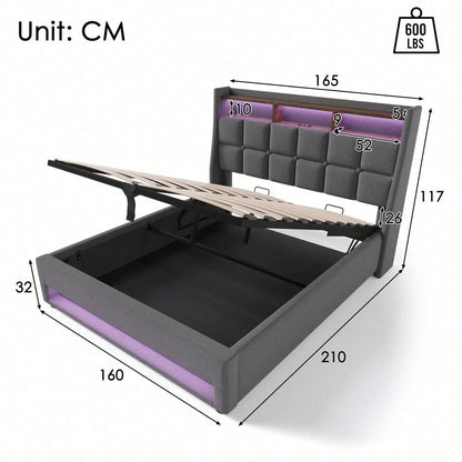 Polsterbett mit USB 160x200cm,LED Doppelbett mit Lattenrost aus Metallrahmen,Bettgestell aus Leinenmaterial Jugendbett
