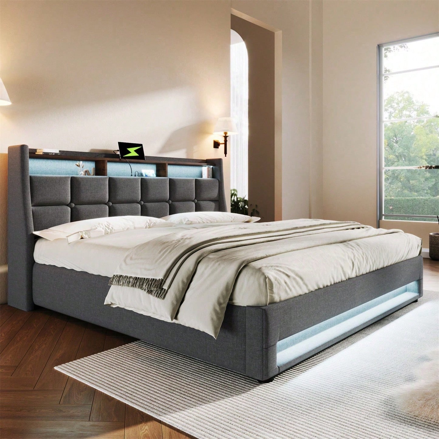 Polsterbett mit USB 160x200cm,LED Doppelbett mit Lattenrost aus Metallrahmen,Bettgestell aus Leinenmaterial Jugendbett