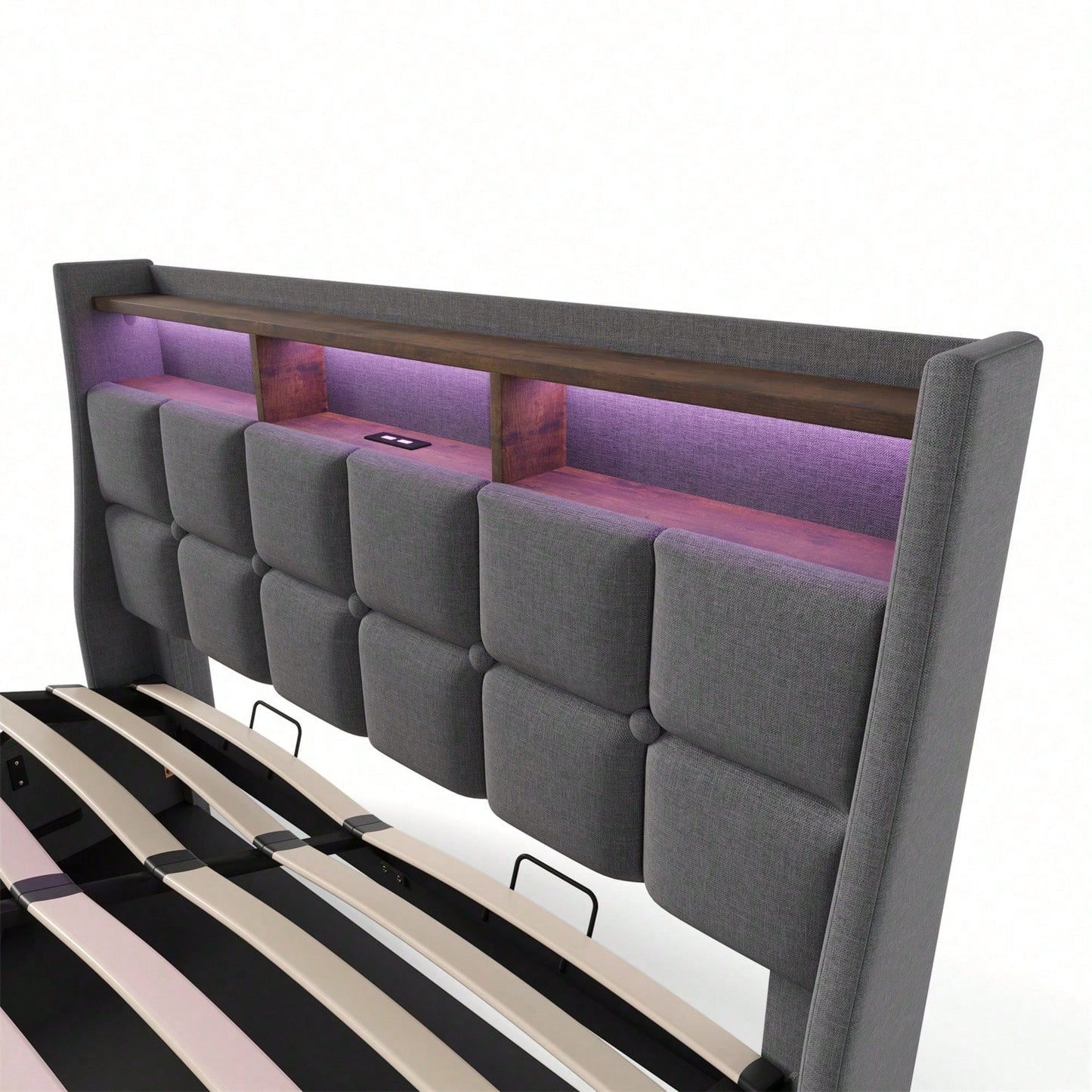 Polsterbett mit USB 160x200cm,LED Doppelbett mit Lattenrost aus Metallrahmen,Bettgestell aus Leinenmaterial Jugendbett