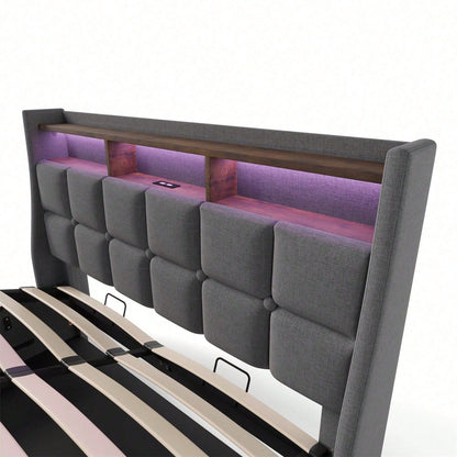 Polsterbett mit USB 160x200cm,LED Doppelbett mit Lattenrost aus Metallrahmen,Bettgestell aus Leinenmaterial Jugendbett