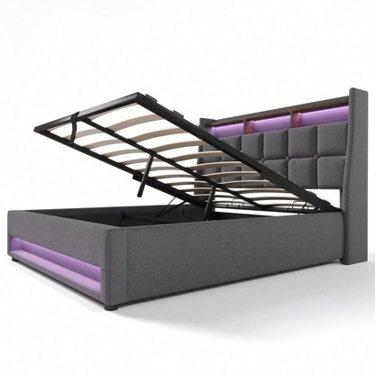 Polsterbett mit USB 160x200cm,LED Doppelbett mit Lattenrost aus Metallrahmen,Bettgestell aus Leinenmaterial Jugendbett