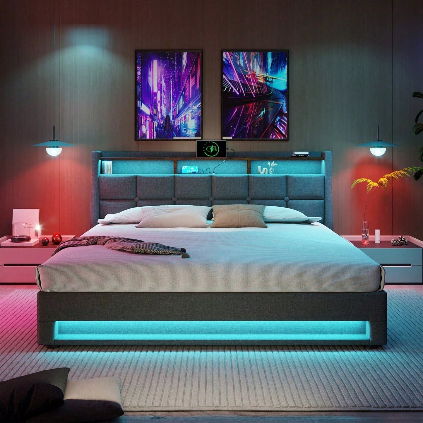 Polsterbett mit USB 160x200cm,LED Doppelbett mit Lattenrost aus Metallrahmen,Bettgestell aus Leinenmaterial Jugendbett