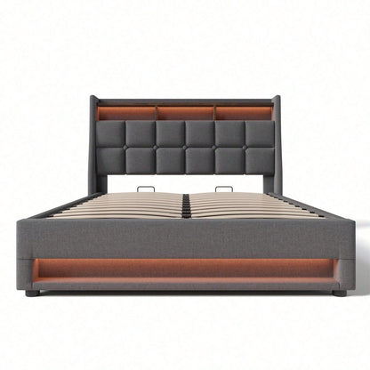 Polsterbett mit USB 160x200cm,LED Doppelbett mit Lattenrost aus Metallrahmen,Bettgestell aus Leinenmaterial Jugendbett