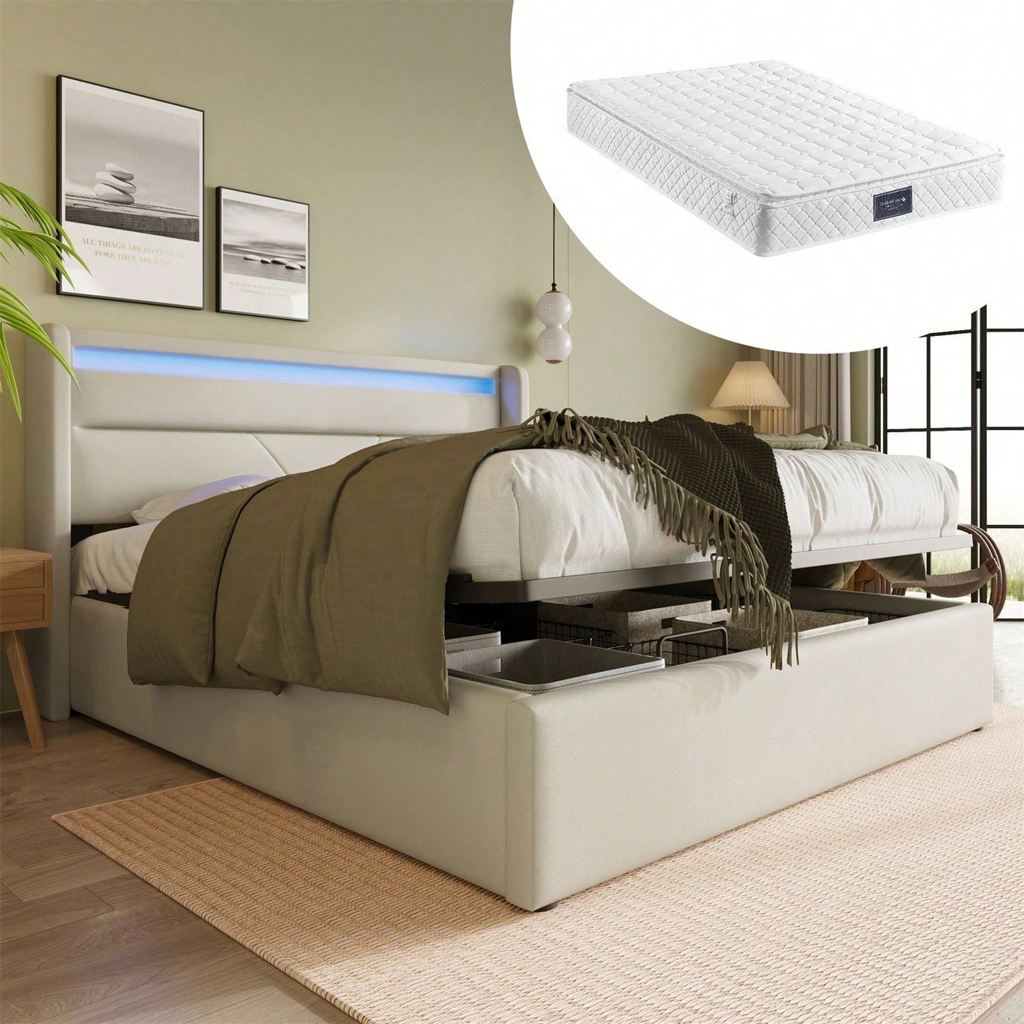 Hydraulisch Stauraumbett mit LED-Beleuchtungsleiste, Doppelbett Bettgestell Polsterbett 140x200cm, Funktionsbett, Weiß