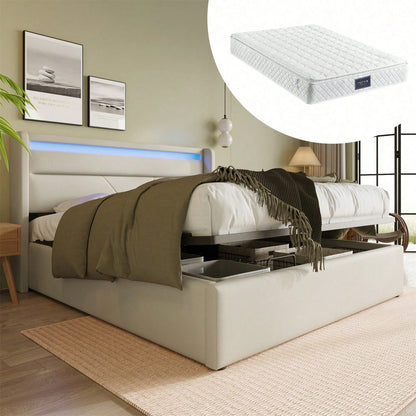 Hydraulisch Stauraumbett mit LED-Beleuchtungsleiste, Doppelbett Bettgestell Polsterbett 140x200cm, Funktionsbett, Weiß