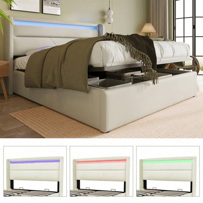 Hydraulisch Stauraumbett mit LED-Beleuchtungsleiste, Doppelbett Bettgestell Polsterbett 140x200cm, Funktionsbett, Weiß