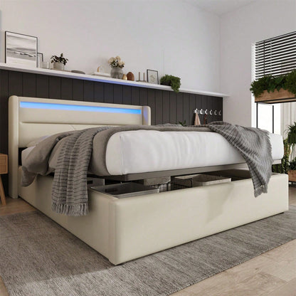 Hydraulisch Stauraumbett mit LED-Beleuchtungsleiste, Doppelbett Bettgestell Polsterbett 140x200cm, Funktionsbett, Weiß
