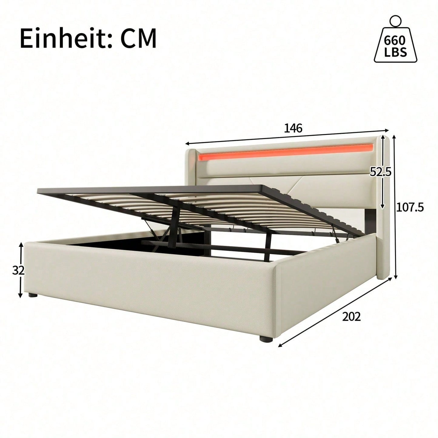 Hydraulisch Stauraumbett mit LED-Beleuchtungsleiste, Doppelbett Bettgestell Polsterbett 140x200cm, Funktionsbett, Weiß