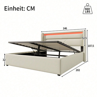 Hydraulisch Stauraumbett mit LED-Beleuchtungsleiste, Doppelbett Bettgestell Polsterbett 140x200cm, Funktionsbett, Weiß
