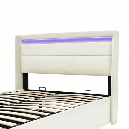 Hydraulisch Stauraumbett mit LED-Beleuchtungsleiste, Doppelbett Bettgestell Polsterbett 140x200cm, Funktionsbett, Weiß