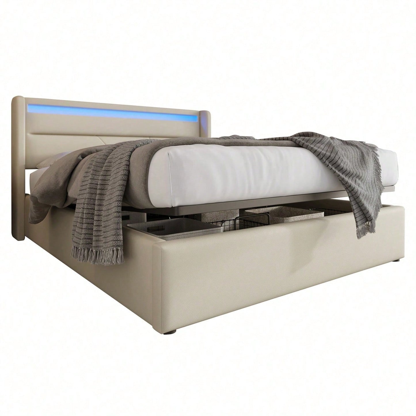 Hydraulisch Stauraumbett mit LED-Beleuchtungsleiste, Doppelbett Bettgestell Polsterbett 140x200cm, Funktionsbett, Weiß