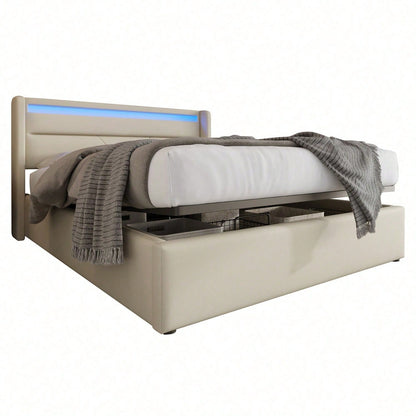 Hydraulisch Stauraumbett mit LED-Beleuchtungsleiste, Doppelbett Bettgestell Polsterbett 140x200cm, Funktionsbett, Weiß