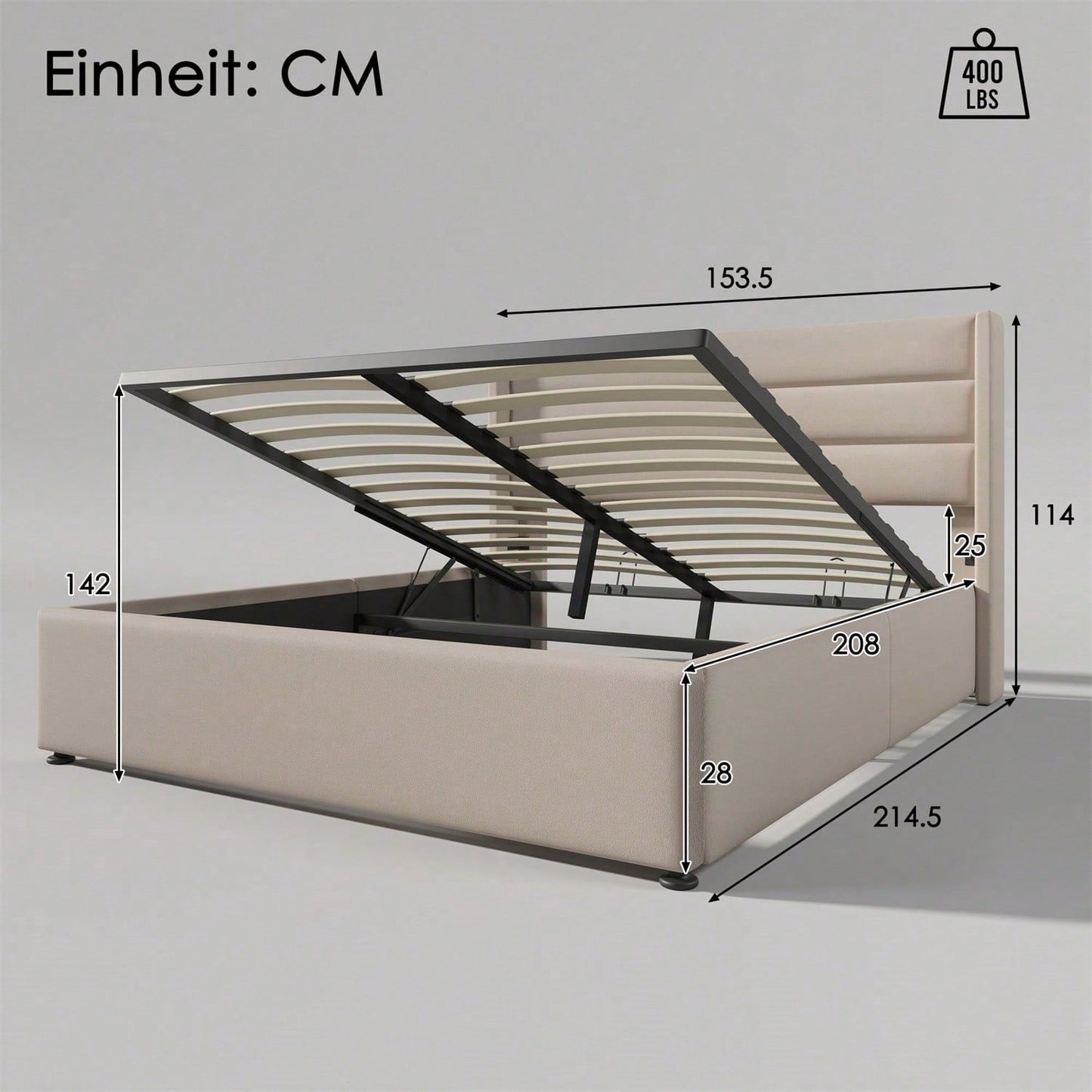 Stauraumbett Polsterbett Hydraulisch Doppelbett 140x200cm, Inklusive Matratze, Lattenrost aus Holz, Bett mit Lattenrost aus Metallrahmen, Leinen, Grau