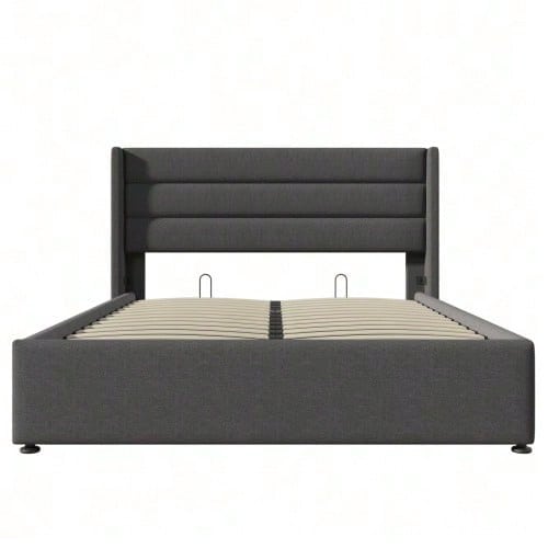 Stauraumbett Polsterbett Hydraulisch Doppelbett 140x200cm, Inklusive Matratze, Lattenrost aus Holz, Bett mit Lattenrost aus Metallrahmen, Leinen, Grau