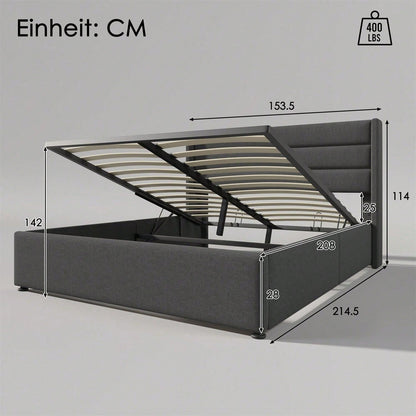 Stauraumbett Polsterbett Hydraulisch Doppelbett 140x200cm, Inklusive Matratze, Lattenrost aus Holz, Bett mit Lattenrost aus Metallrahmen, Leinen, Grau