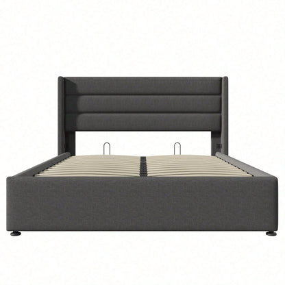 Stauraumbett Polsterbett Hydraulisch Doppelbett 140x200cm, Inklusive Matratze, Lattenrost aus Holz, Bett mit Lattenrost aus Metallrahmen, Leinen, Grau
