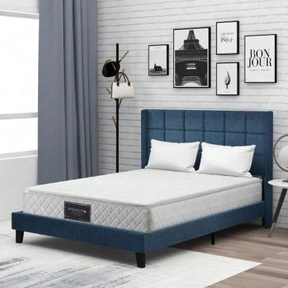 Polsterbett Mit seinem gepolstertes Kopfteil Doppelbett mit Lattenrost, 140x200cm ,in Blau Leinen, mittelfest