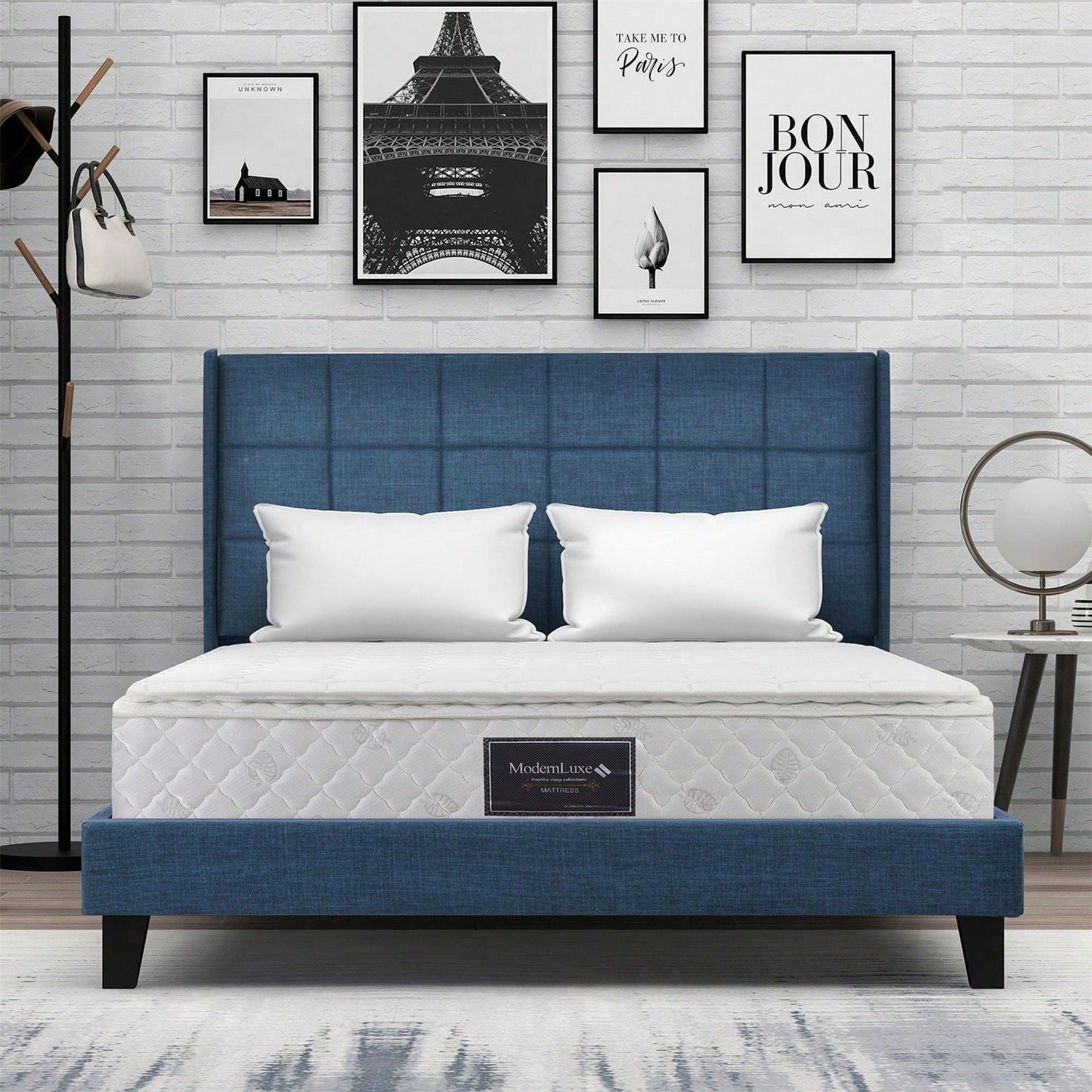 Polsterbett Mit seinem gepolstertes Kopfteil Doppelbett mit Lattenrost, 140x200cm ,in Blau Leinen, mittelfest