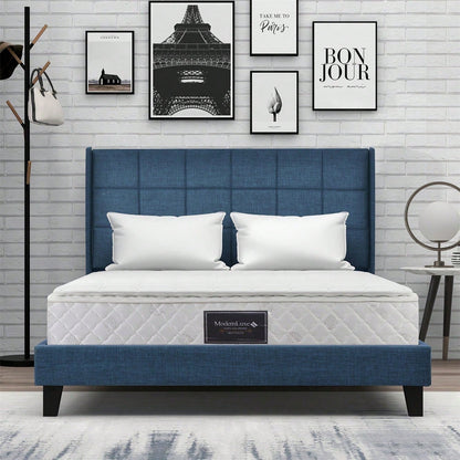 Polsterbett Mit seinem gepolstertes Kopfteil Doppelbett mit Lattenrost, 140x200cm ,in Blau Leinen, mittelfest