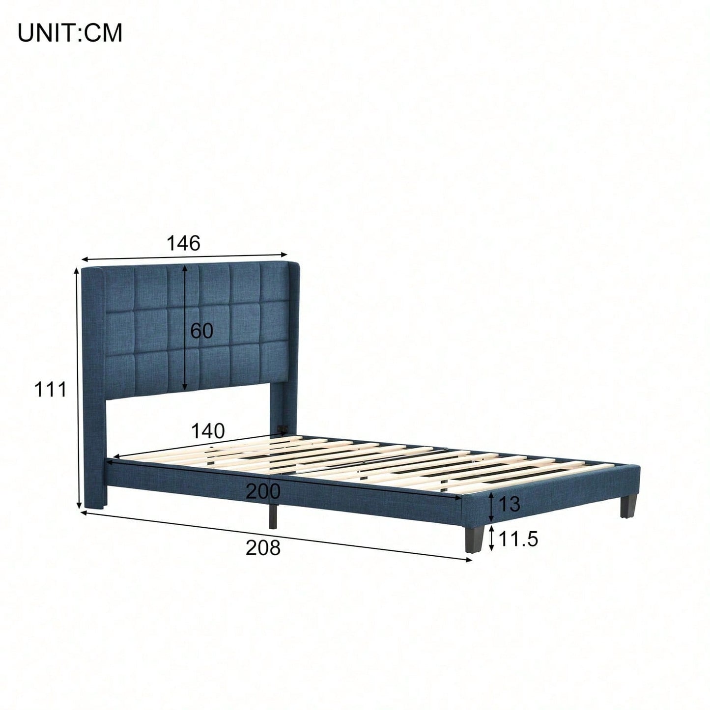 Polsterbett Mit seinem gepolstertes Kopfteil Doppelbett mit Lattenrost, 140x200cm ,in Blau Leinen, mittelfest