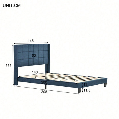 Polsterbett Mit seinem gepolstertes Kopfteil Doppelbett mit Lattenrost, 140x200cm ,in Blau Leinen, mittelfest