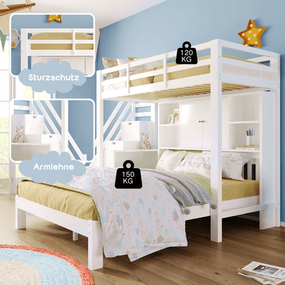 Etagenbett mit Lagerregal, 90*200cm+140*200cm,Multifunktionales Kinderbett, Kinderetagenbett, Mit Aufbewahrungstreppe und Beweglicher Beistelltisch, Großer Stauraum,Weiß