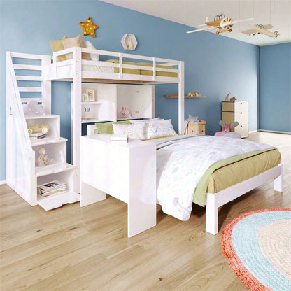 Etagenbett mit Lagerregal, 90*200cm+140*200cm,Multifunktionales Kinderbett, Kinderetagenbett, Mit Aufbewahrungstreppe und Beweglicher Beistelltisch, Großer Stauraum,Weiß