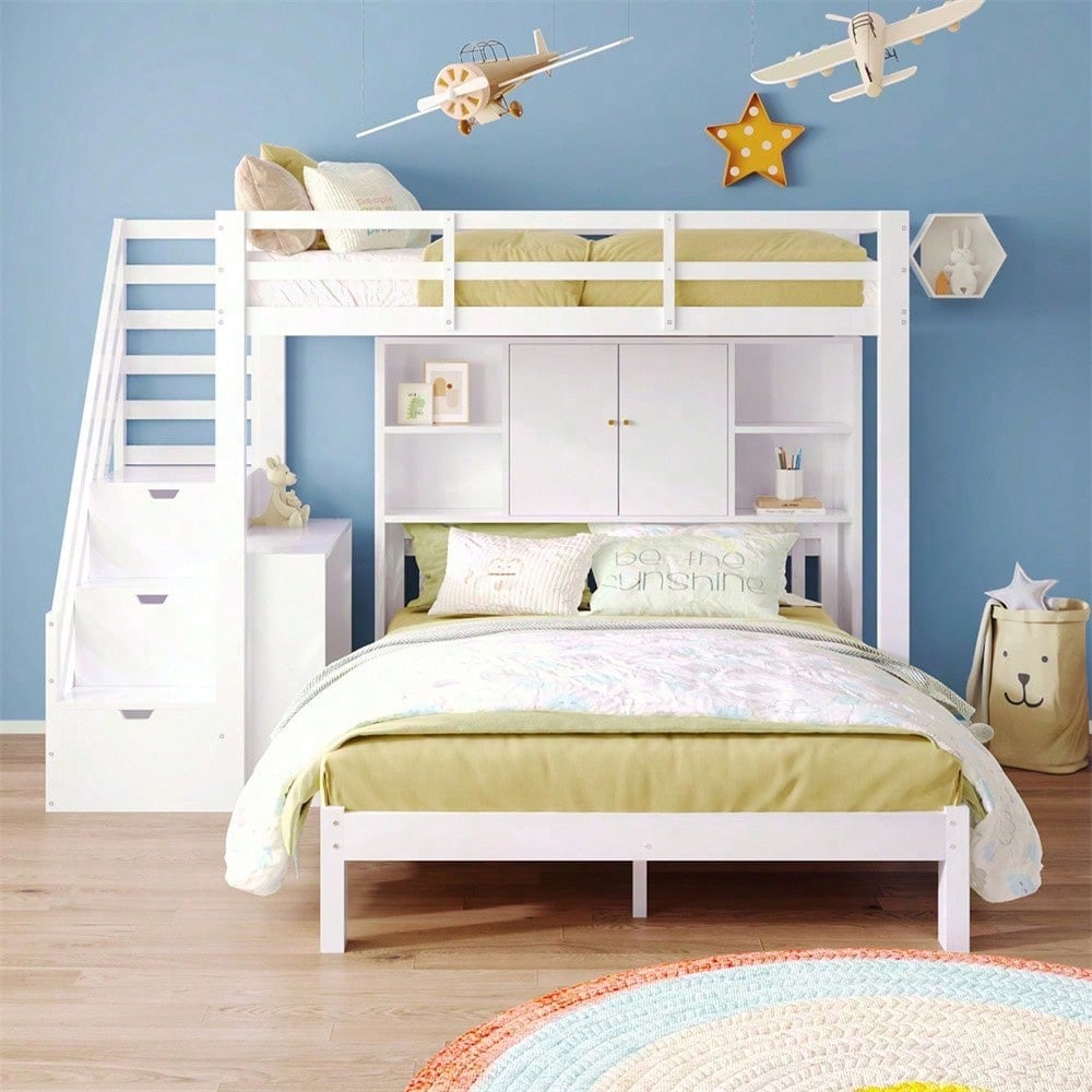 Etagenbett mit Lagerregal, 90*200cm+140*200cm,Multifunktionales Kinderbett, Kinderetagenbett, Mit Aufbewahrungstreppe und Beweglicher Beistelltisch, Großer Stauraum,Weiß