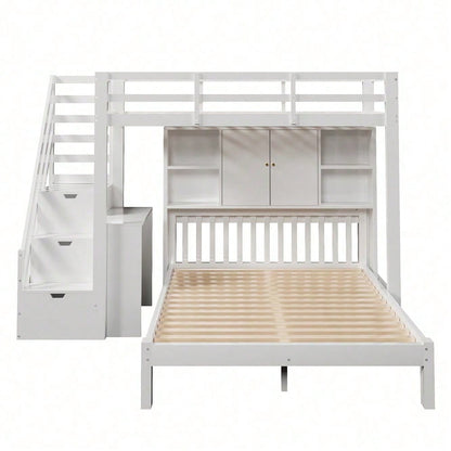 Etagenbett mit Lagerregal, 90*200cm+140*200cm,Multifunktionales Kinderbett, Kinderetagenbett, Mit Aufbewahrungstreppe und Beweglicher Beistelltisch, Großer Stauraum,Weiß