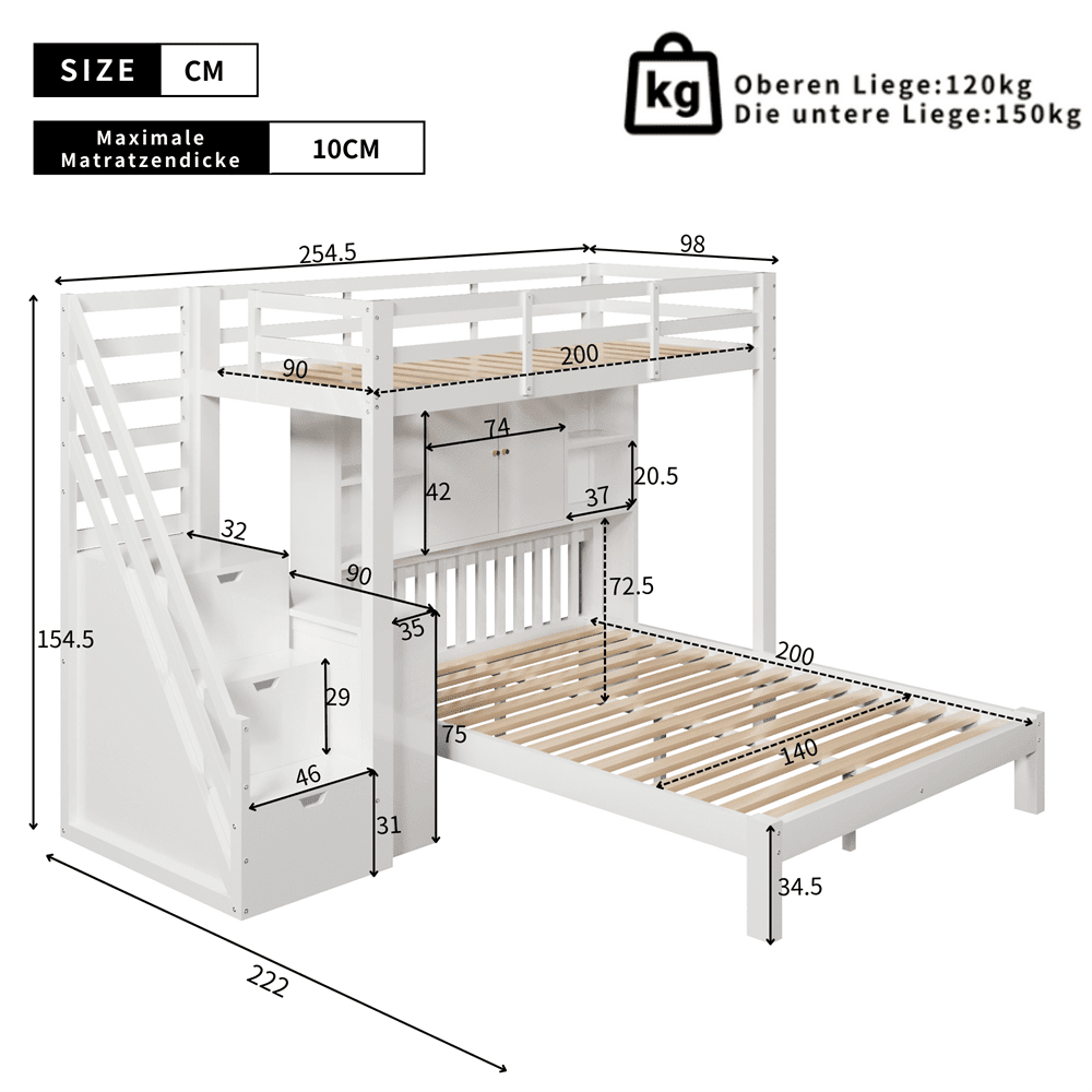Etagenbett mit Lagerregal, 90*200cm+140*200cm,Multifunktionales Kinderbett, Kinderetagenbett, Mit Aufbewahrungstreppe und Beweglicher Beistelltisch, Großer Stauraum,Weiß