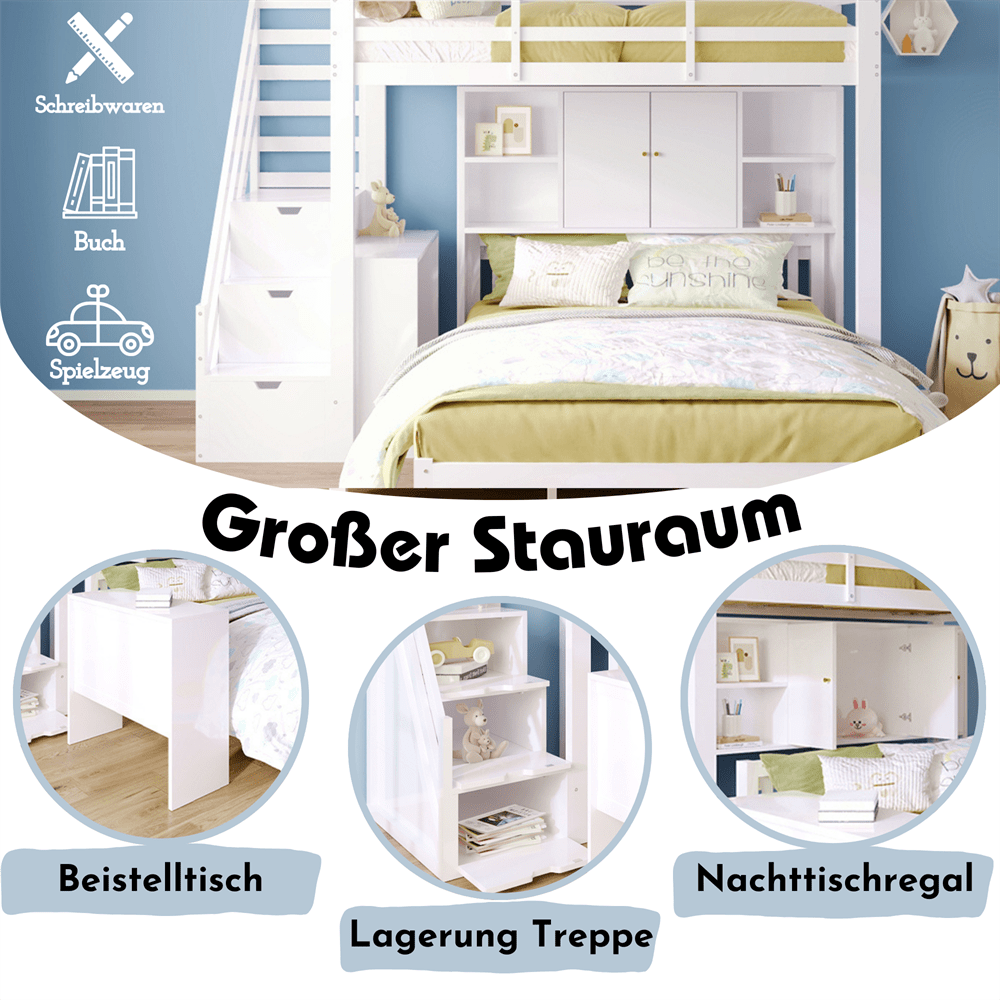 Etagenbett mit Lagerregal, 90*200cm+140*200cm,Multifunktionales Kinderbett, Kinderetagenbett, Mit Aufbewahrungstreppe und Beweglicher Beistelltisch, Großer Stauraum,Weiß