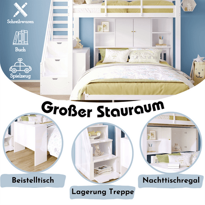 Etagenbett mit Lagerregal, 90*200cm+140*200cm,Multifunktionales Kinderbett, Kinderetagenbett, Mit Aufbewahrungstreppe und Beweglicher Beistelltisch, Großer Stauraum,Weiß