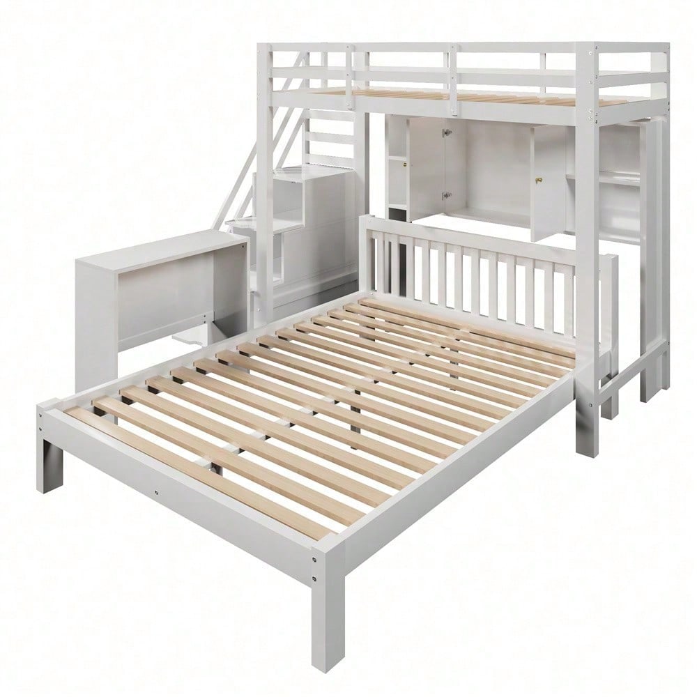 Etagenbett mit Lagerregal, 90*200cm+140*200cm,Multifunktionales Kinderbett, Kinderetagenbett, Mit Aufbewahrungstreppe und Beweglicher Beistelltisch, Großer Stauraum,Weiß