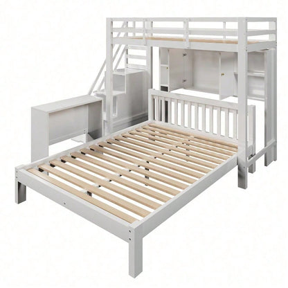 Etagenbett mit Lagerregal, 90*200cm+140*200cm,Multifunktionales Kinderbett, Kinderetagenbett, Mit Aufbewahrungstreppe und Beweglicher Beistelltisch, Großer Stauraum,Weiß