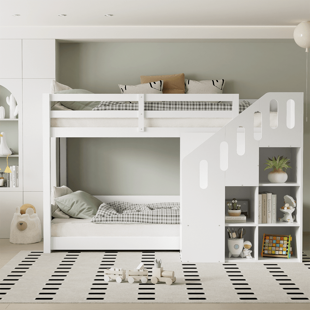 Kinder-Etagenbett,Doppelbett, multifunktionales Kinderbett, Mit Treppen und Schließfächern,stabiles Geländer, ohne Matratze, 90*200cm, Weiß