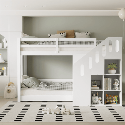 Kinder-Etagenbett,Doppelbett, multifunktionales Kinderbett, Mit Treppen und Schließfächern,stabiles Geländer, ohne Matratze, 90*200cm, Weiß