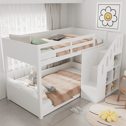 Kinder-Etagenbett,Doppelbett, multifunktionales Kinderbett, Mit Treppen und Schließfächern,stabiles Geländer, ohne Matratze, 90*200cm, Weiß