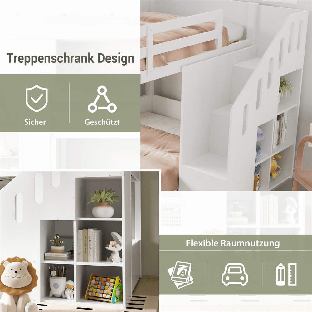 Kinder-Etagenbett,Doppelbett, multifunktionales Kinderbett, Mit Treppen und Schließfächern,stabiles Geländer, ohne Matratze, 90*200cm, Weiß