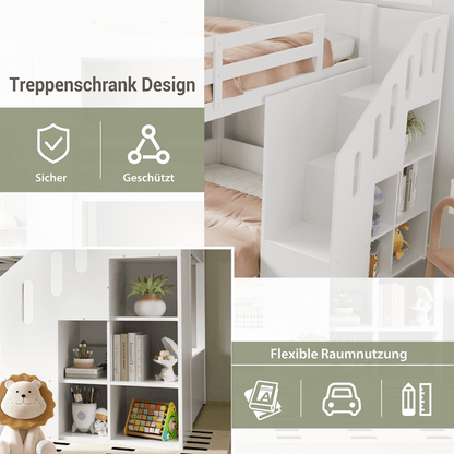 Kinder-Etagenbett,Doppelbett, multifunktionales Kinderbett, Mit Treppen und Schließfächern,stabiles Geländer, ohne Matratze, 90*200cm, Weiß